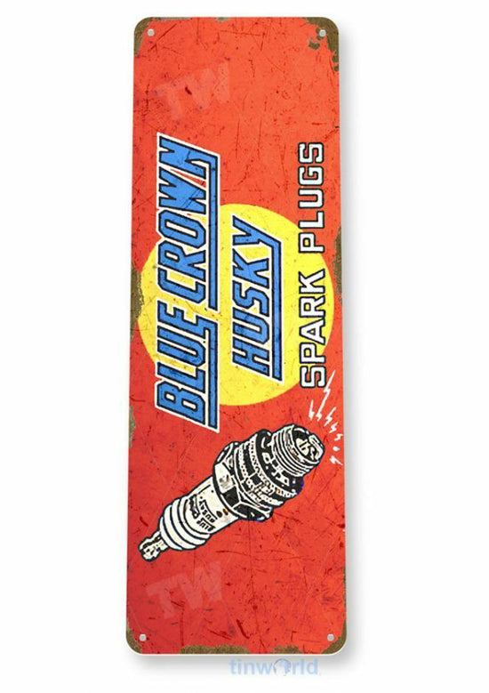 BLUE CROWN SPARK PLUG 6x18 inch TIN SIGN AUTO AUTOMOBILE MECHANIC ADVERTISEMENT