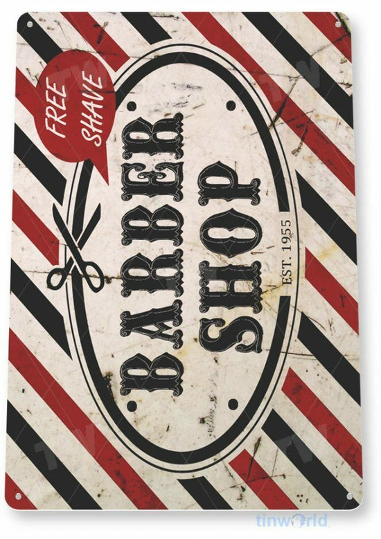 BARBER SHOP TIN SIGN 11X8 BOWL CUT CHAIR HOT SHAVE WELCOME FREE SHAVE EST 1955