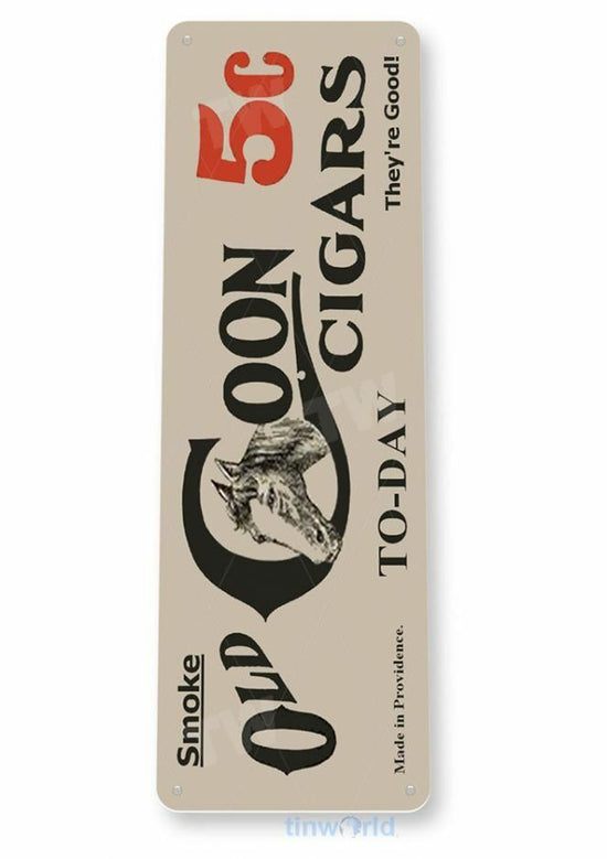 OLD COON CIGARS 11X4 TIN SIGN TOBACCO SNUFF CIGARETTE RUSTIC TOBACCIANA POUCH