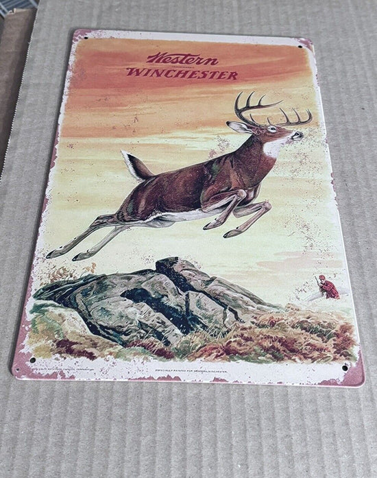 WINCHESTER TIN SIGN DEER BUCK FEVER HUNTING SHELLS SHOTGUN MAN CAVE ART POSTER